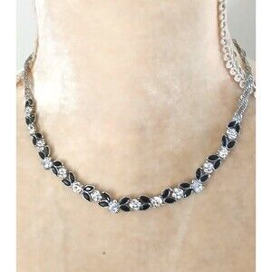 Delicate Monet 14" Silver Tone Necklace Black Clear Stone Floral Choker Feminine